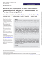 Candidate gene polymorphisms are linked to dispersive and migratory behaviour: Searching for a mechanism behind the "paradox of the great speciators"
