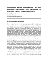 In our own Voices: the Experience of Overseas-Trained Registered Nurses of Institutional Racism within Healthcare and Academic Institutions [Institutional Racism within Health Care and Academic Institutions: The Experience of Overseas-Trained Registered Nurses]