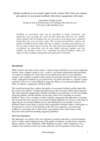Quality feedback on assessment: apple for the teacher? How first year student perceptions of assessment feedback affect their engagement with study
