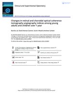 Changes in retinal and choroidal optical coherence tomography angiography indices among young adults and children over 1 year